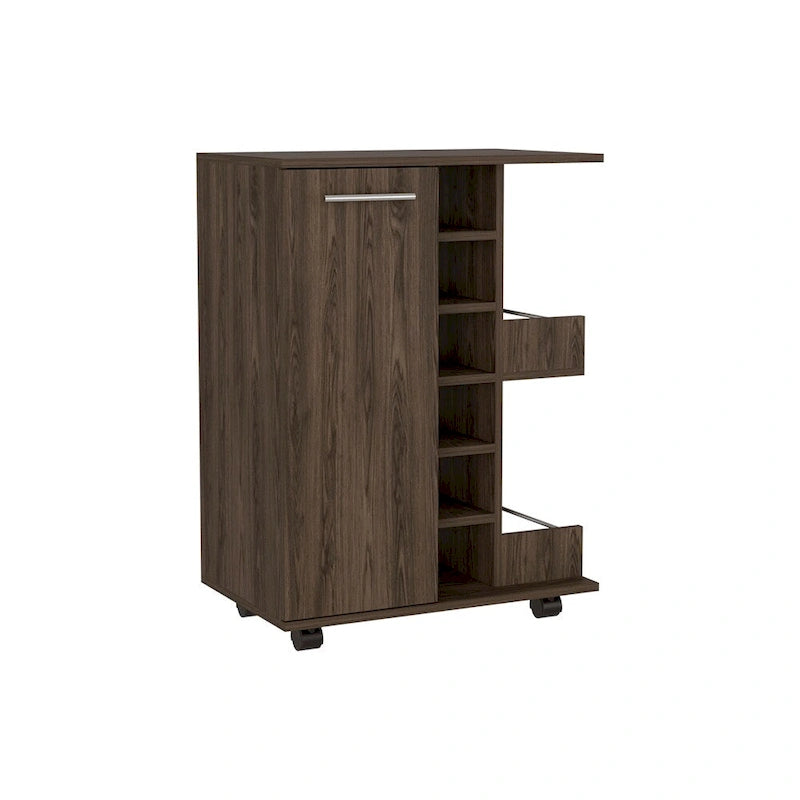 Rolling Bar Cart with Cabinet, Bottle Storage and Four Casters