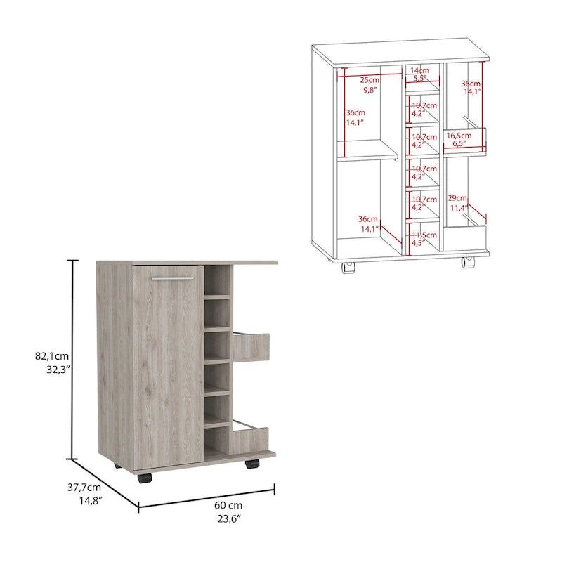 Rolling Bar Cart with Cabinet, Bottle Storage and Four Casters