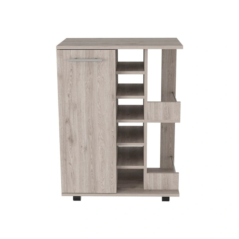 Rolling Bar Cart with Cabinet, Bottle Storage and Four Casters