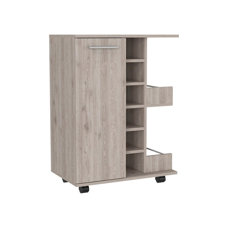 Rolling Bar Cart with Cabinet, Bottle Storage and Four Casters