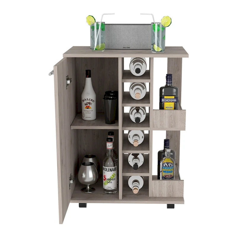 Rolling Bar Cart with Cabinet, Bottle Storage and Four Casters