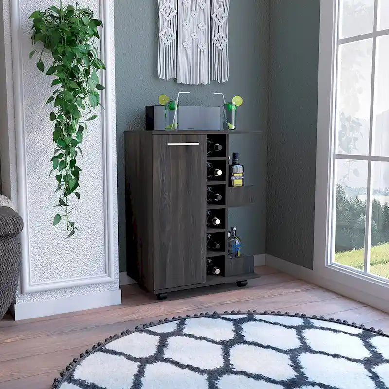 Rolling Bar Cart with Cabinet, Bottle Storage and Four Casters