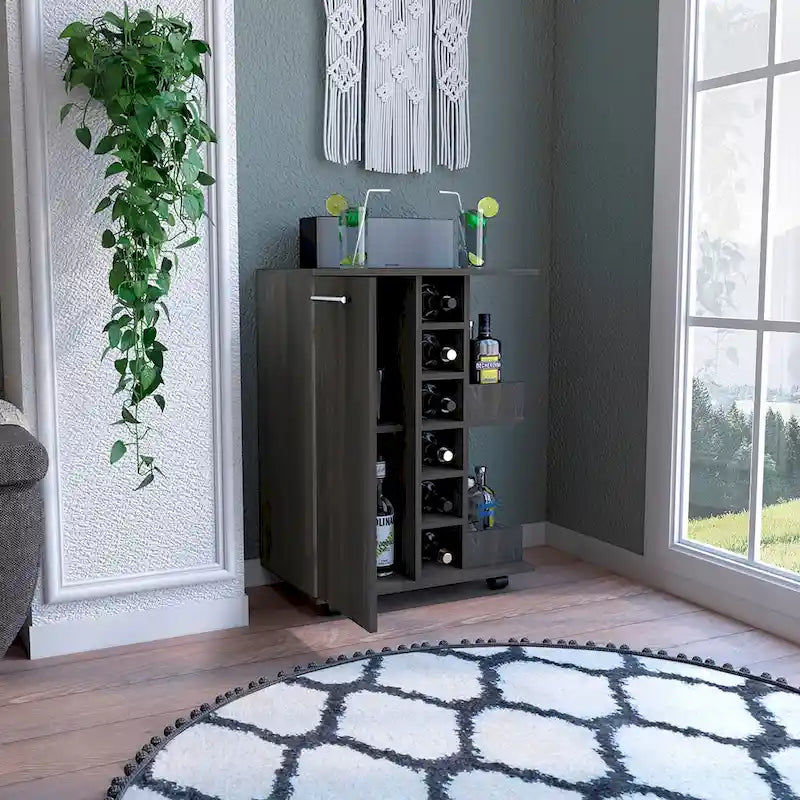Rolling Bar Cart with Cabinet, Bottle Storage and Four Casters