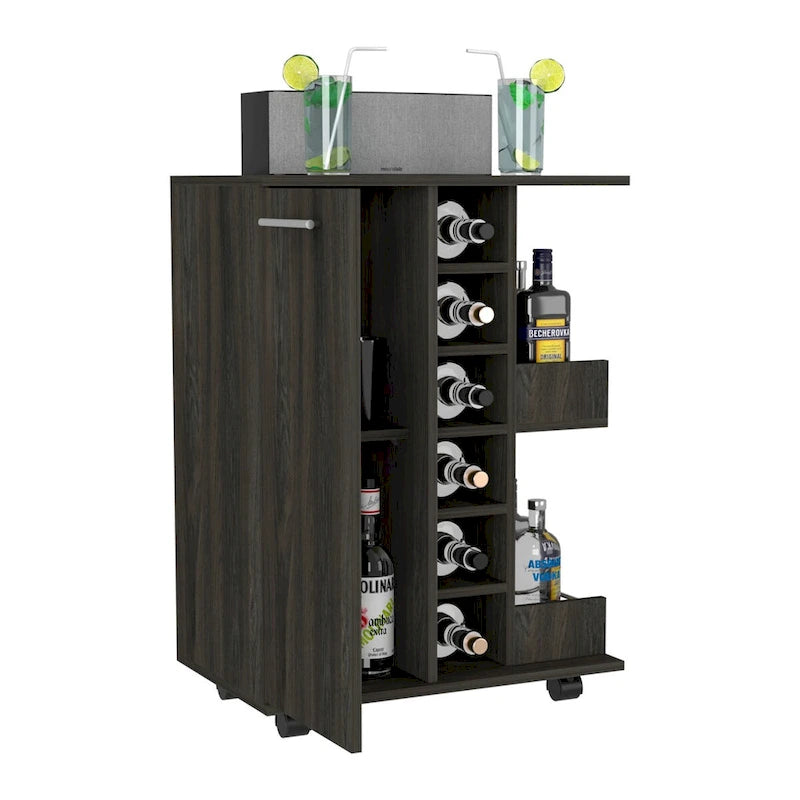 Rolling Bar Cart with Cabinet, Bottle Storage and Four Casters