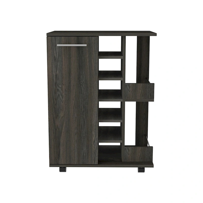 Rolling Bar Cart with Cabinet, Bottle Storage and Four Casters