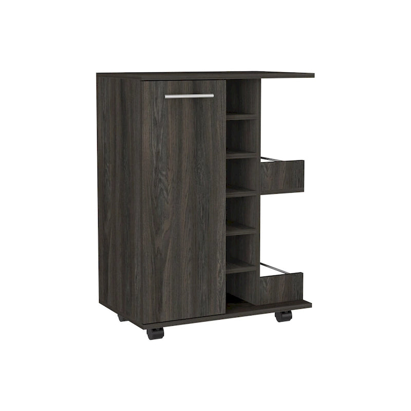 Rolling Bar Cart with Cabinet, Bottle Storage and Four Casters