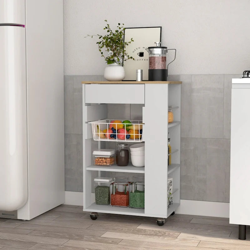 Kitchen Cart with Drawer, Two Open Shelves and Four Casters, White / Light Oak