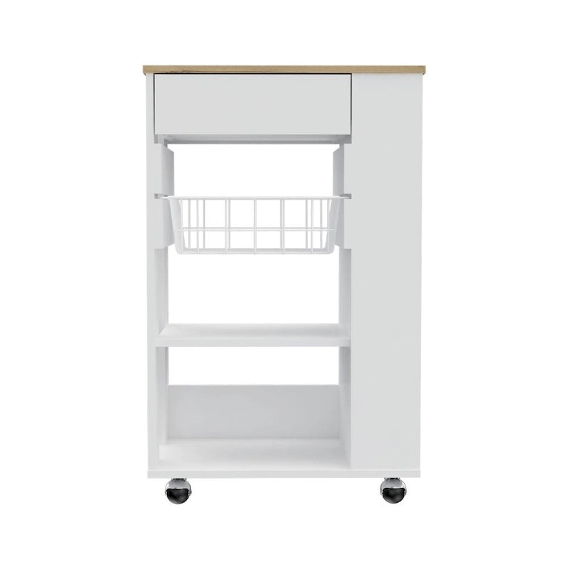 Kitchen Cart with Drawer, Two Open Shelves and Four Casters, White / Light Oak