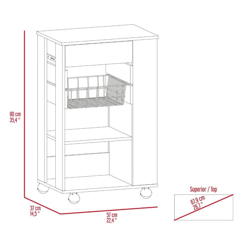 Kitchen Cart with Drawer, Two Open Shelves and Four Casters, White / Light Oak