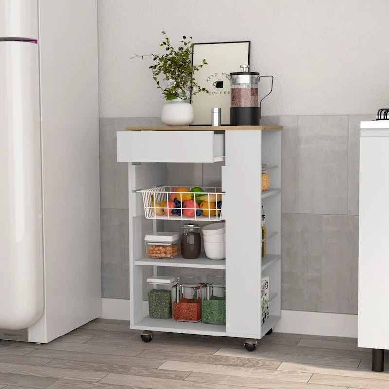 Kitchen Cart with Drawer, Two Open Shelves and Four Casters, White / Light Oak