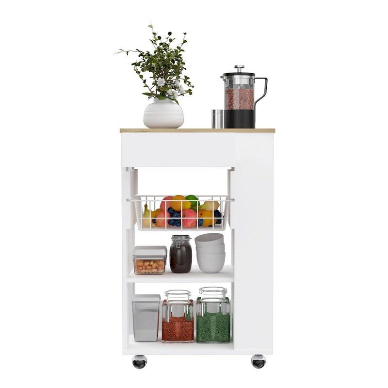 Kitchen Cart with Drawer, Two Open Shelves and Four Casters, White / Light Oak