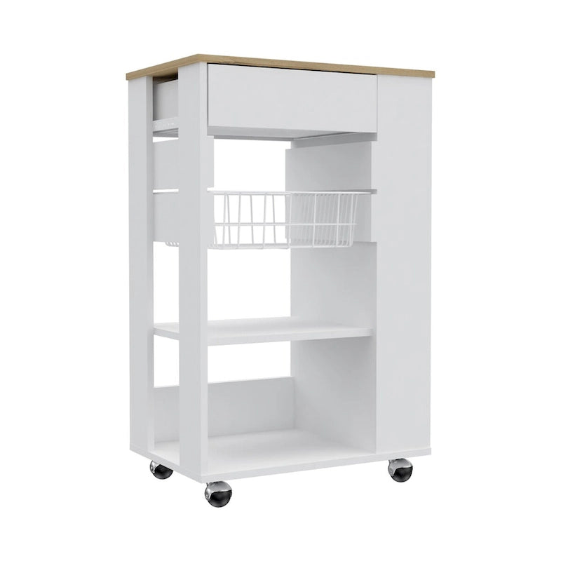 Kitchen Cart with Drawer, Two Open Shelves and Four Casters, White / Light Oak