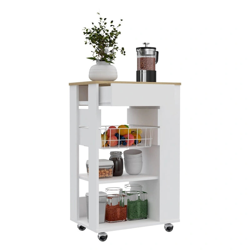 Kitchen Cart with Drawer, Two Open Shelves and Four Casters, White / Light Oak