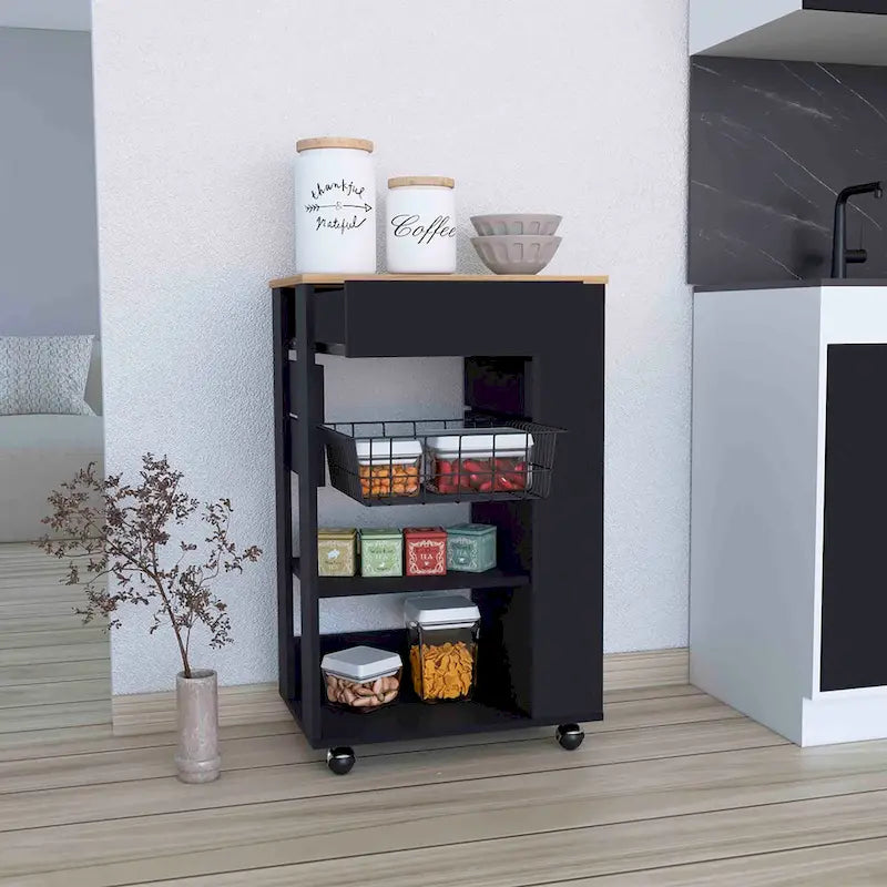 Kitchen Cart with Drawer, Two Open Shelves and Four Casters, White / Light Oak