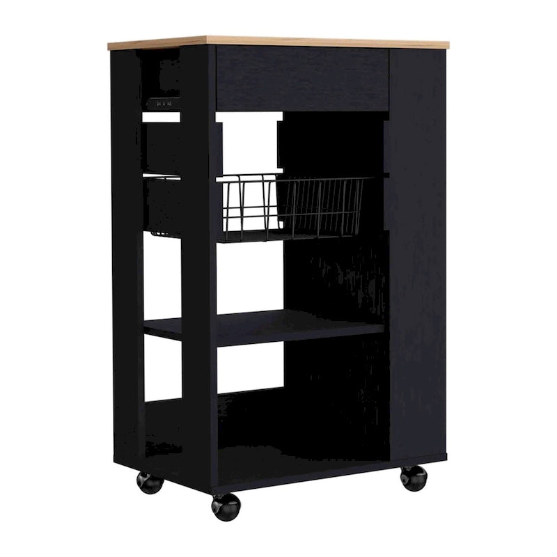 Kitchen Cart with Drawer, Two Open Shelves and Four Casters, White / Light Oak