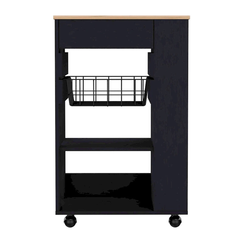 Kitchen Cart with Drawer, Two Open Shelves and Four Casters, White / Light Oak
