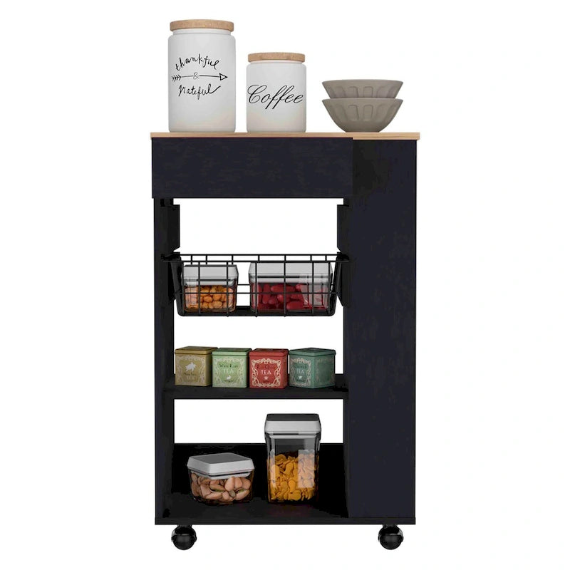 Kitchen Cart with Drawer, Two Open Shelves and Four Casters, White / Light Oak
