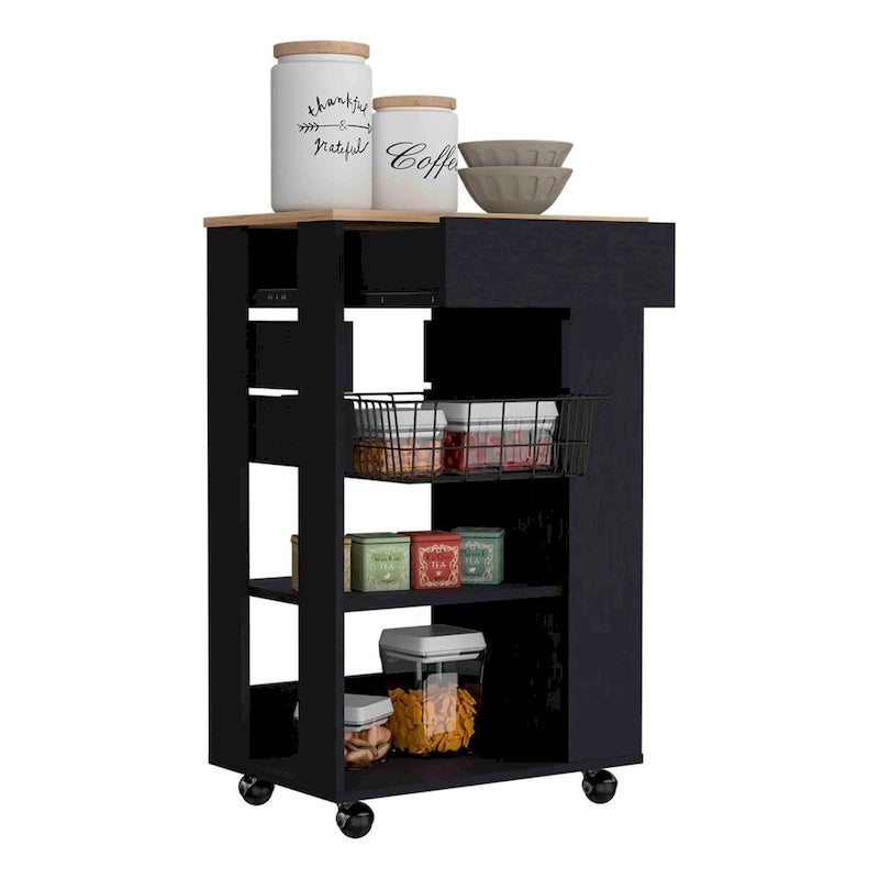 Kitchen Cart with Drawer, Two Open Shelves and Four Casters, White / Light Oak