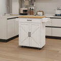 White Rolling Kitchen Island with Rubberwood Top and Storage