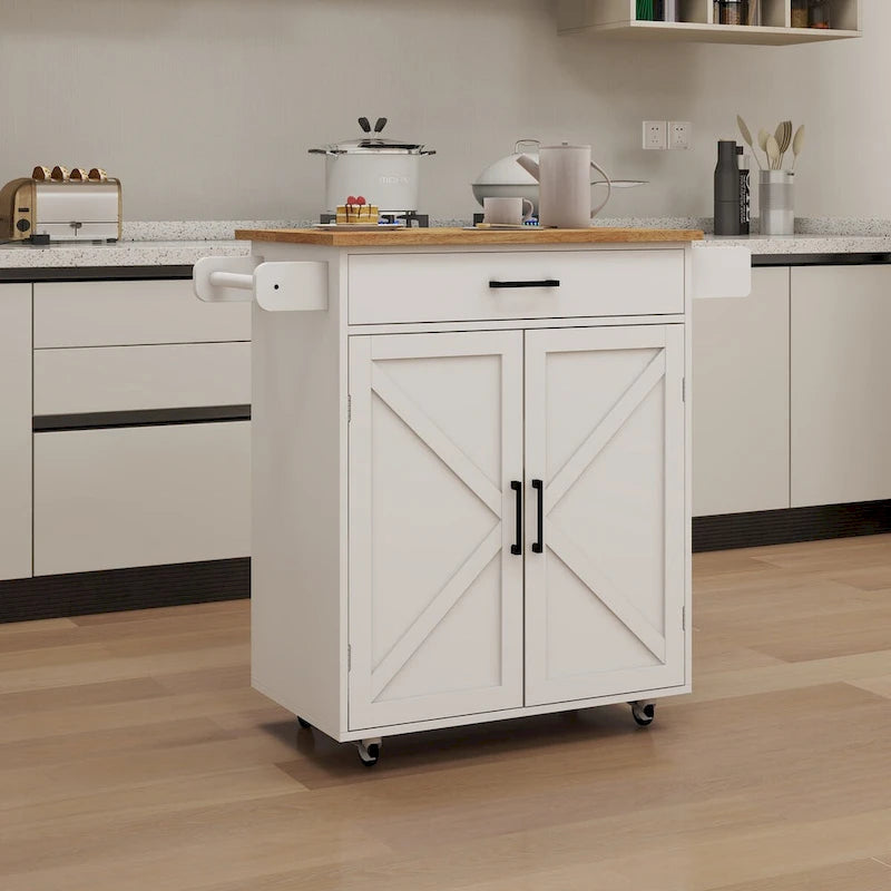 White Rolling Kitchen Island with Rubberwood Top and Storage