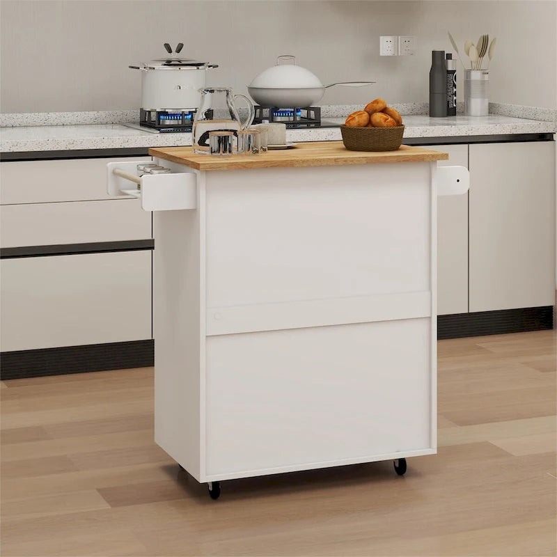 White Rolling Kitchen Island with Rubberwood Top and Storage