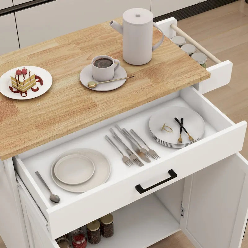 White Rolling Kitchen Island with Rubberwood Top and Storage
