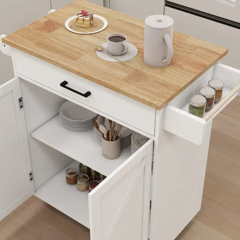 White Rolling Kitchen Island with Rubberwood Top and Storage