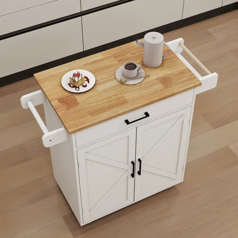 White Rolling Kitchen Island with Rubberwood Top and Storage