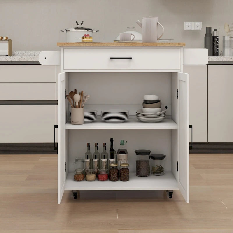White Rolling Kitchen Island with Rubberwood Top and Storage