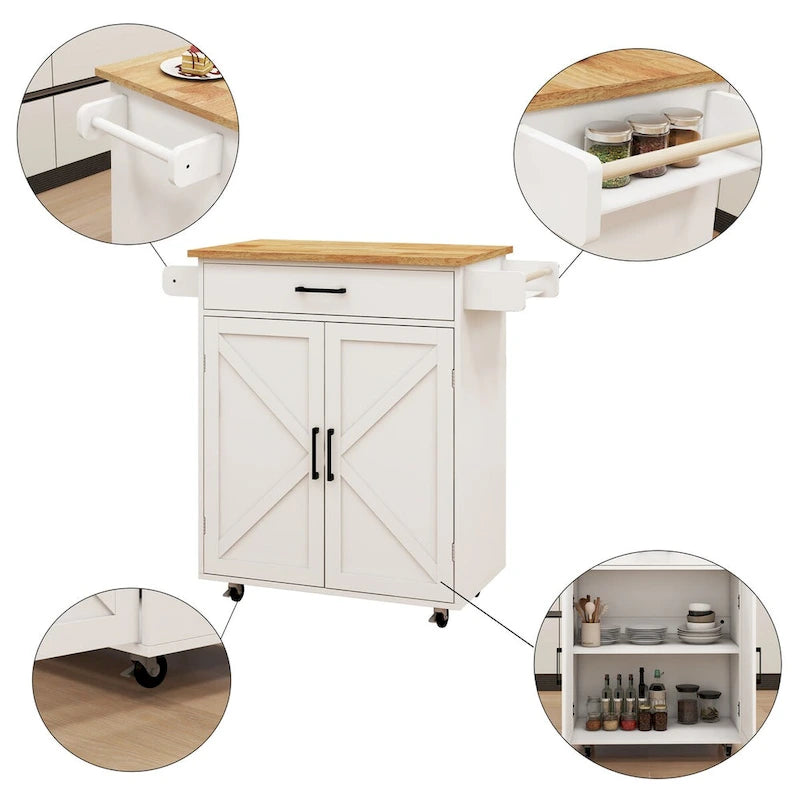 White Rolling Kitchen Island with Rubberwood Top and Storage