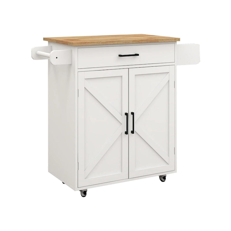 White Rolling Kitchen Island with Rubberwood Top and Storage