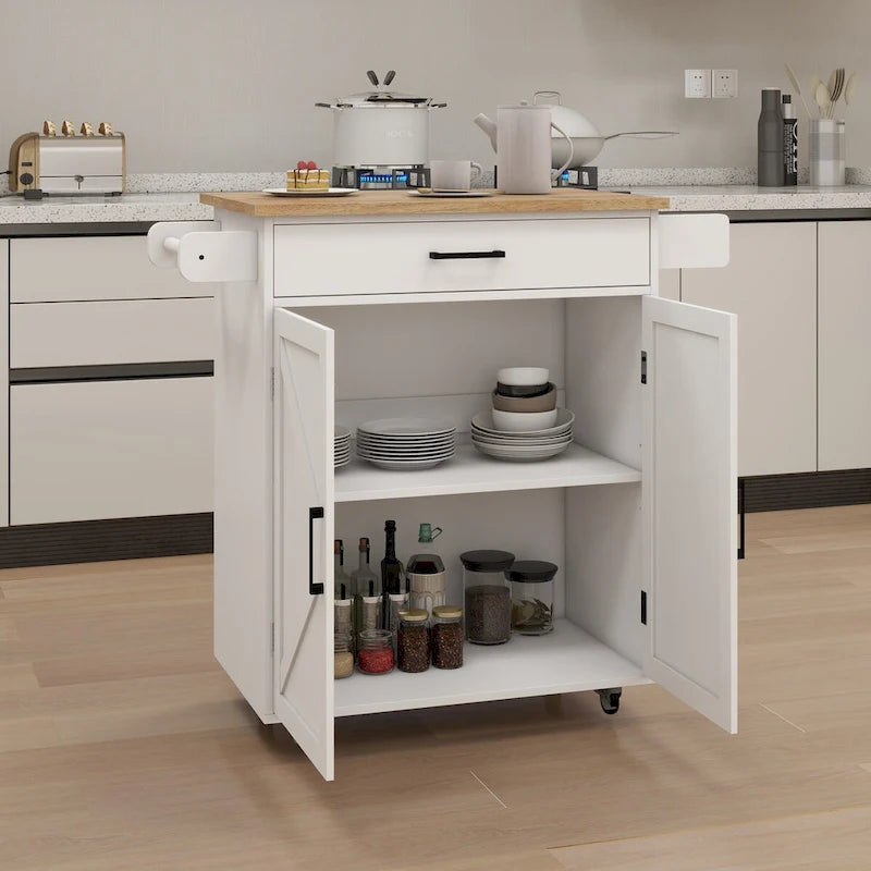 White Rolling Kitchen Island with Rubberwood Top and Storage