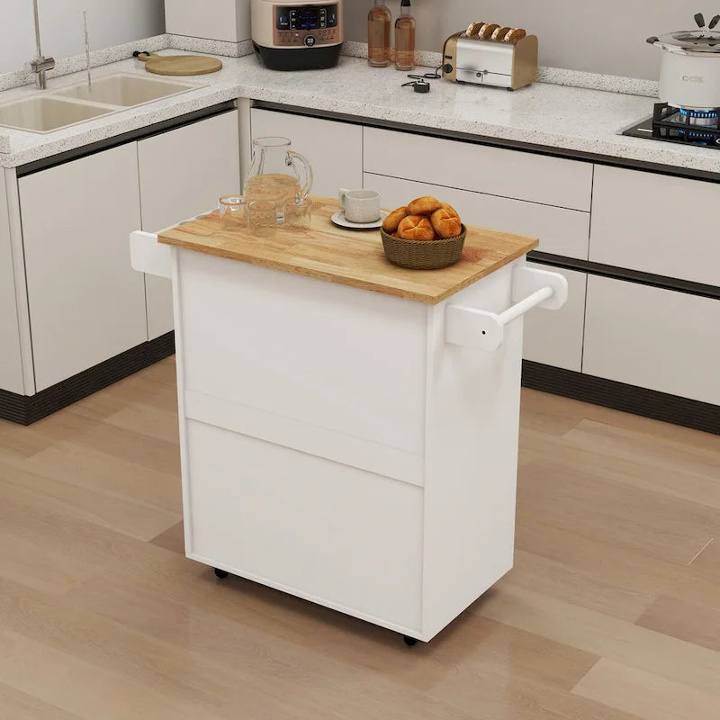 White Rolling Kitchen Island with Rubberwood Top and Storage