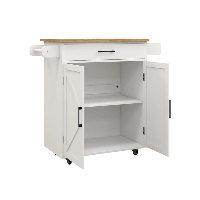 White Rolling Kitchen Island with Rubberwood Top and Storage