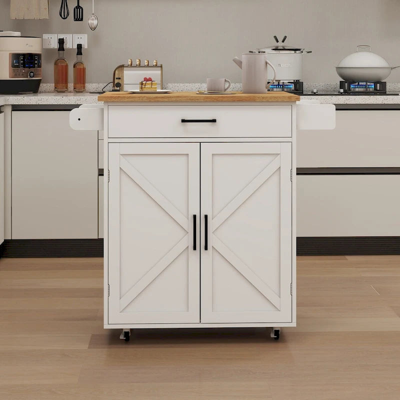 White Rolling Kitchen Island with Rubberwood Top and Storage