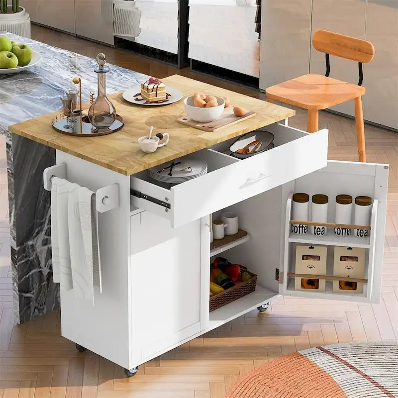 Rolling Kitchen Cart with Drop-Leaf Rubberwood Top and Storage