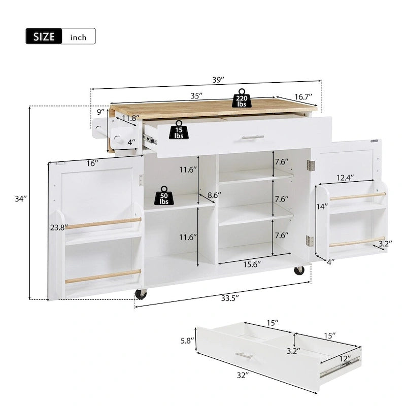 Rolling Kitchen Cart with Drop-Leaf Rubberwood Top and Storage