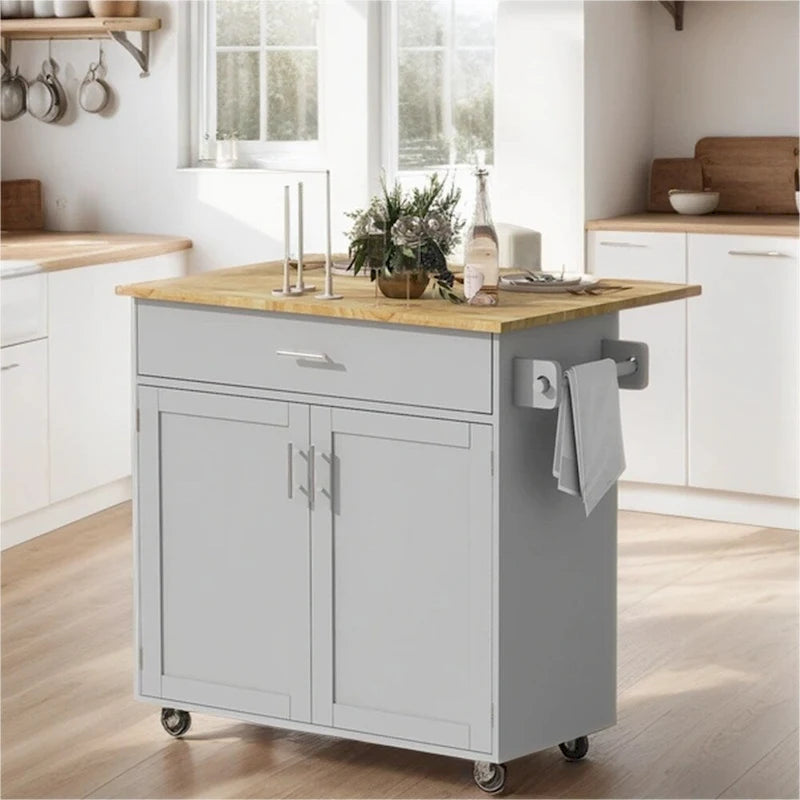 Rolling Kitchen Cart with Drop-Leaf Rubberwood Top and Storage