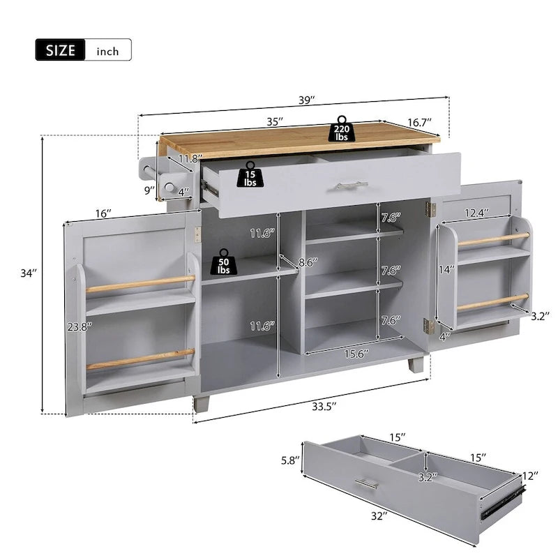 Rolling Kitchen Cart with Drop-Leaf Rubberwood Top and Storage