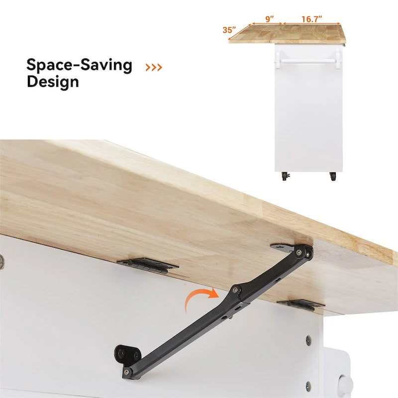 Rolling Kitchen Cart with Drop-Leaf Rubberwood Top and Storage