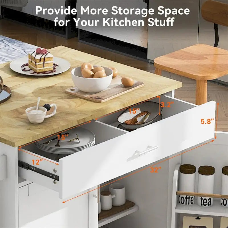 Rolling Kitchen Cart with Drop-Leaf Rubberwood Top and Storage