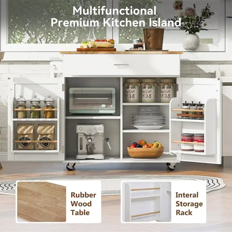 Rolling Kitchen Cart with Drop-Leaf Rubberwood Top and Storage
