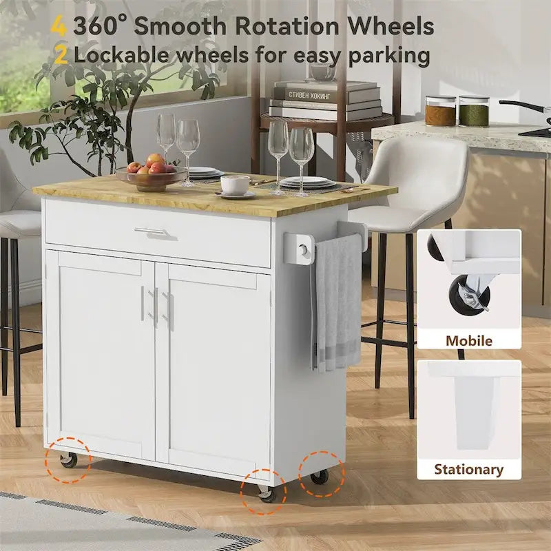 Rolling Kitchen Cart with Drop-Leaf Rubberwood Top and Storage
