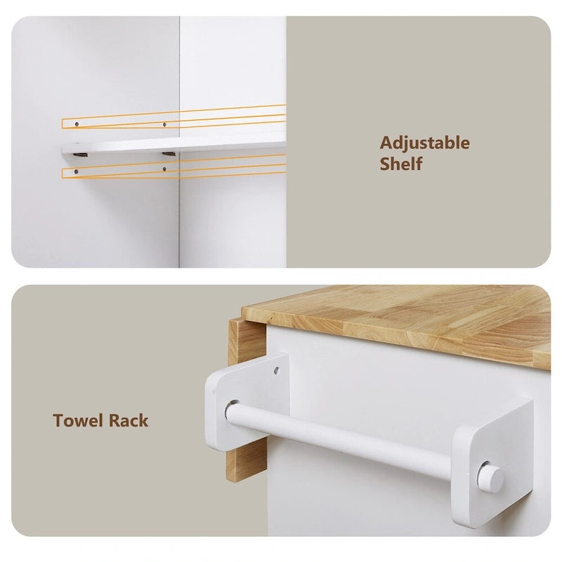 Rolling Kitchen Cart with Drop-Leaf Rubberwood Top and Storage