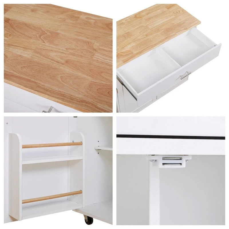 Rolling Kitchen Cart with Drop-Leaf Rubberwood Top and Storage