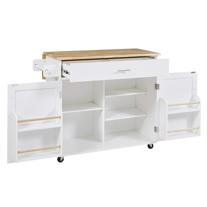 Rolling Kitchen Cart with Drop-Leaf Rubberwood Top and Storage