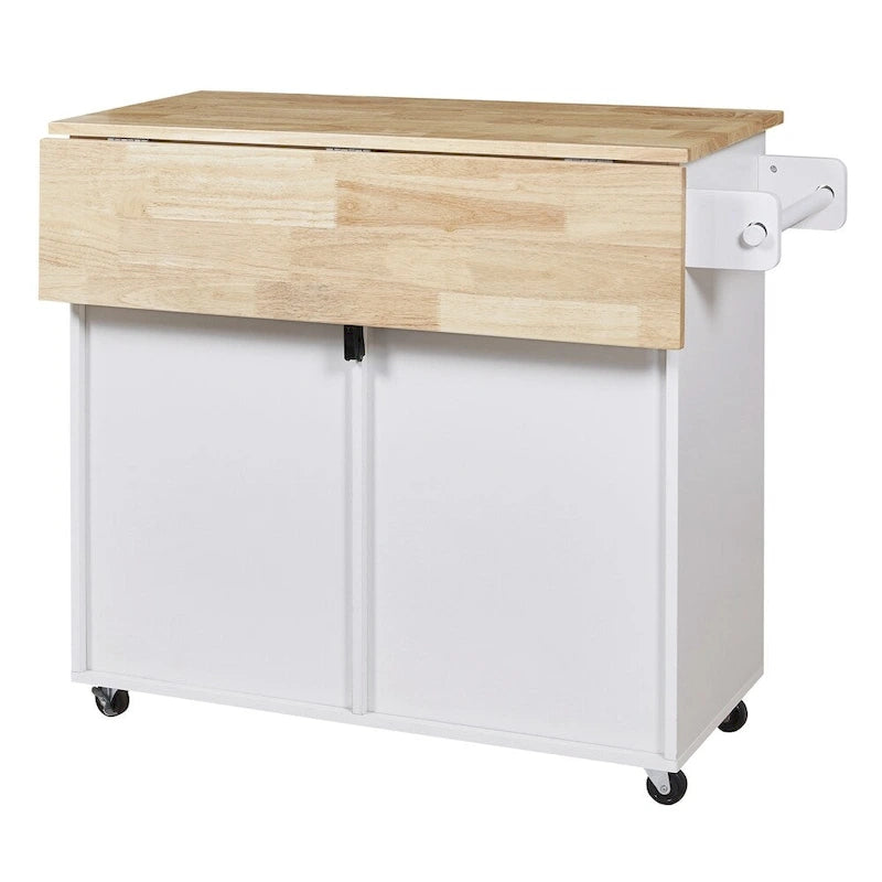 Rolling Kitchen Cart with Drop-Leaf Rubberwood Top and Storage