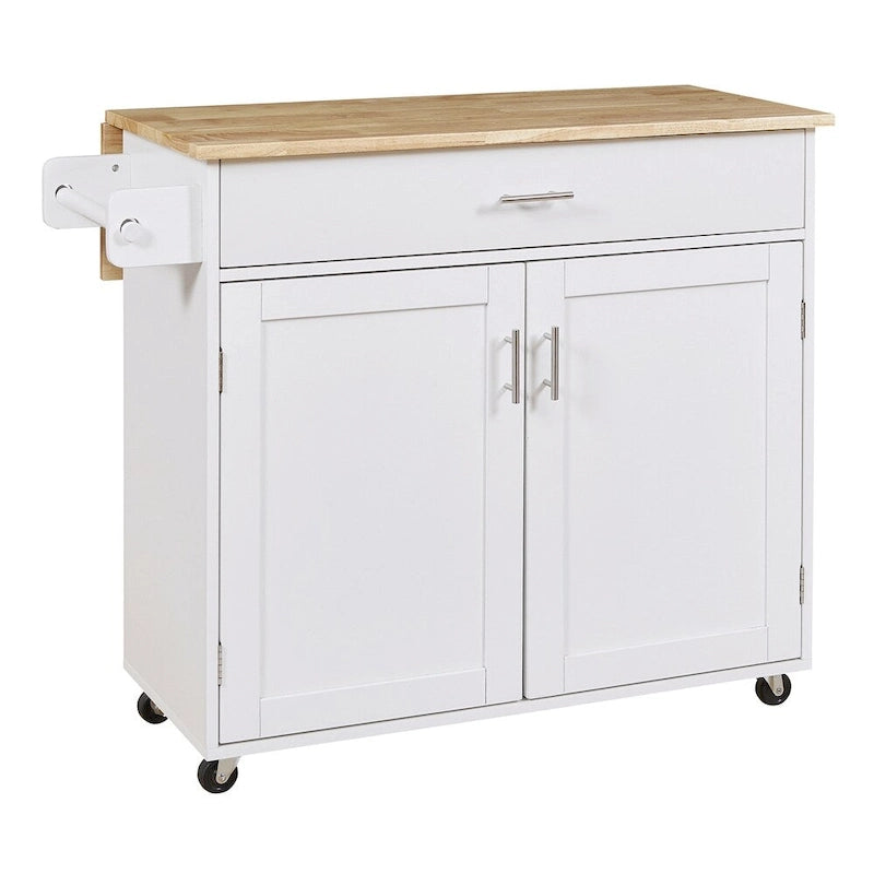 Rolling Kitchen Cart with Drop-Leaf Rubberwood Top and Storage