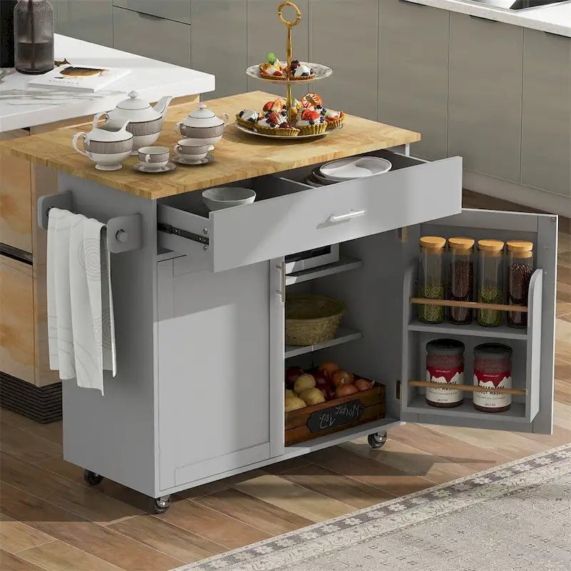 Rolling Kitchen Cart with Drop-Leaf Rubberwood Top and Storage