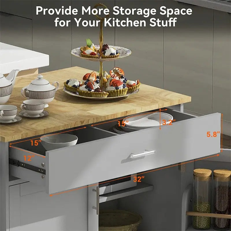 Rolling Kitchen Cart with Drop-Leaf Rubberwood Top and Storage